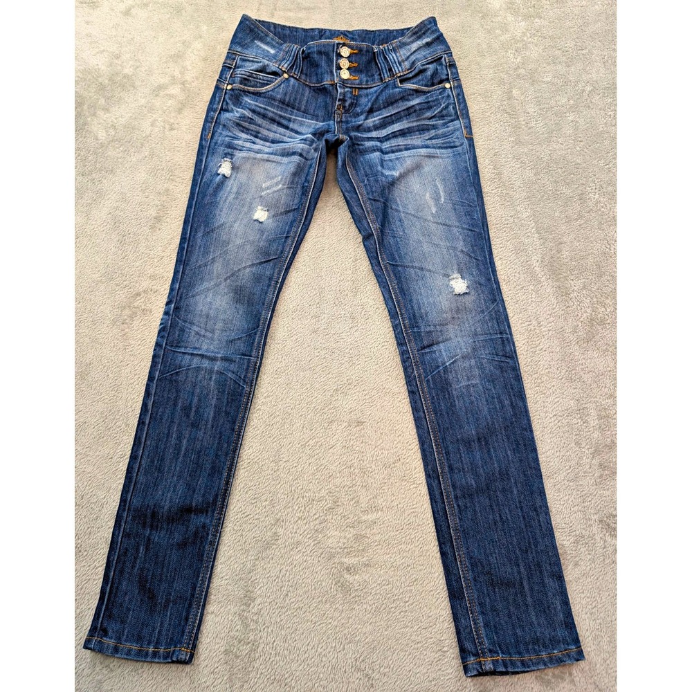 Almost Famous Women's Blue Skinny Jeans Low Rise Distressed Stretch 5-Pocket